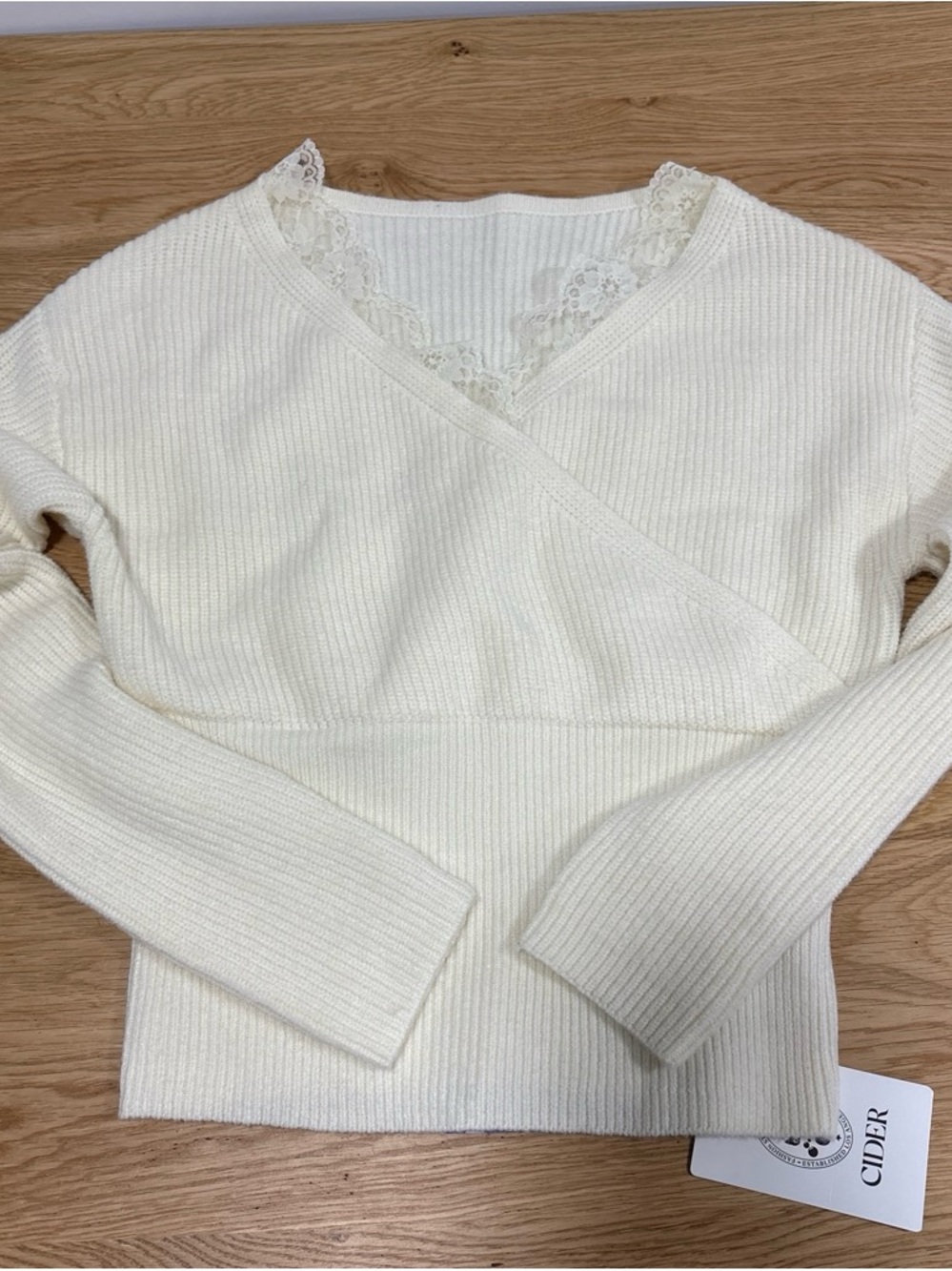GAP Cream Lace-Trim Ribbed V-Neck Sweater